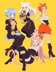  4girls animal_ears bag bangs blue_hair blunt_bangs blush boots breasts cat_ears cat_girl cat_tail do_m_kaeru eyebrows_visible_through_hair fang fire_emblem fire_emblem:_three_houses full_body garreg_mach_monastery_uniform gloves hair_between_eyes hair_bun high_heel_boots high_heels hilda_valentine_goneril holding leonie_pinelli long_hair long_sleeves looking_back lysithea_von_ordelia marianne_von_edmund medium_breasts multiple_girls one_eye_closed open_mouth orange_hair paper_bag pink_hair short_hair simple_background sitting standing sweatdrop symbol-only_commentary tail thigh-highs tongue twintails white_hair yellow_background 