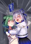  2girls absurdres amane_kanata angel angel_wings aomushi_(mushamusha) bangs blue_hair blush clothes_lift colored_inner_hair commentary_request double_bun eyebrows_visible_through_hair feathered_wings fingerless_gloves gloves green_hair gym_shirt hair_ornament halo highres hololive jacket multicolored_hair multiple_girls red_eyes shirt shirt_lift short_hair silver_hair steam streaked_hair sweat translation_request uruha_rushia violet_eyes virtual_youtuber wings 