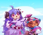  1boy 1girl :3 ahoge artist_name bangs blue_hair day eyebrows_visible_through_hair fur_trim hat heart horns hug lamb_(league_of_legends) league_of_legends long_hair long_sleeves mushroom official_alternate_costume outdoors pink_eyes pointy_ears redhead shiny shiny_hair smile spirit_blossom_(league_of_legends) spirit_blossom_kindred spirit_blossom_teemo teemo vmat wolf_(league_of_legends) yordle 