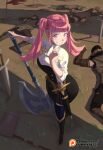  1girl 4boys artist_name axe belt belt_buckle blush boots breasts buckle commentary defeat english_commentary fire_emblem fire_emblem:_three_houses flag garreg_mach_monastery_uniform green_little high_heel_boots high_heels hilda_valentine_goneril holding holding_axe large_breasts long_hair lying military military_uniform multiple_boys on_stomach pants patreon_username pink_eyes pink_hair sheath sheathed shirt smile soldier sword thigh-highs twintails unconscious uniform weapon zettai_ryouiki 