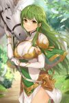  1girl armor breastplate breasts collared_dress cowboy_shot dress elbow_gloves expressionless fire_emblem fire_emblem:_mystery_of_the_emblem fire_emblem_echoes:_shadows_of_valentia gloves green_eyes green_hair haru_(nakajou-28) headband highres horse large_breasts long_hair looking_at_viewer official_alternate_costume outdoors palla_(fire_emblem) pegasus_knight_uniform_(fire_emblem) pelvic_curtain road sheath shoulder_armor side_slit skin_tight solo very_long_hair white_dress white_gloves white_headband 