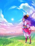  1girl ahoge alternate_hair_color alternate_hairstyle bangs braid clouds cloudy_sky curled_horns day flower from_side full_body grass hair_between_eyes hair_flower hair_ornament horns kindred_(league_of_legends) lamb_(league_of_legends) league_of_legends long_hair looking_to_the_side obi official_alternate_costume outdoors sash sky solo_focus spirit_blossom_(league_of_legends) spirit_blossom_kindred standing sun vmat wolf_(league_of_legends) yellow_flower 
