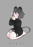  alcohol animal_ears barefoot black_sweater blush bottomless closed_eyes cup drinking drinking_glass english_text grey_hair highres mouse mouse_ears mouse_girl mouse_tail nazrin seiza serakawa short_hair sitting sweater tail tea teacup touhou wine wine_glass 