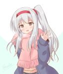  1girl alternate_costume alternate_hairstyle beige_sweater blue_coat breath brown_eyes coat headband highres icesherbet kantai_collection long_hair looking_at_viewer one-hour_drawing_challenge pink_scarf red_headband scarf shoukaku_(kancolle) simple_background solo upper_body waving white_background white_hair winter_clothes 
