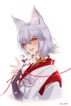  1girl :d absurdres animal_ears blush character_request cherry_blossoms genshin_impact grin highres holding japanese_clothes kimono long_sleeves mole mole_under_eye pnk_crow short_hair smile solo teeth white_hair white_kimono wolf_ears yellow_eyes 