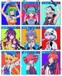  6+girls :p absurdres ahoge animal_ears apron aqua_eyes aqua_hair aqua_necktie arm_up arms_up bandaged_arm bandages bare_arms bare_shoulders bell belt_collar beret black_hair black_shirt black_sleeves blonde_hair blue_apron blue_eyes blue_gloves blue_headwear blue_sleeves cevio closed_eyes collar commentary detached_sleeves dress drill_hair elbow_gloves expressionless fang fingerless_gloves floating_hair flower flower_(vocaloid) foreshortening fur-trimmed_shirt fur_trim gloves goggles green_eyes green_hair grey_hair grey_shirt grid gumi hair_flower hair_ornament hair_rings hair_tubes hand_on_own_chest hat hatsune_miku headphones headset highres holding holding_microphone hood hood_up hooded_jacket jacket juhuacha kafu_(cevio) kasane_teto long_hair looking_at_viewer luo_tianyi microphone microphone_stand mo_qingxian multicolored_hair multiple_girls music neck_bell necktie open_mouth orange_eyes orange_hair orange_jacket outstretched_arm own_hands_together paw_print purple_gloves purple_hair purple_jacket purple_shirt reaching_out red_eyes red_goggles red_necktie redhead ringed_eyes sanshoku_ayaka sf-a2_miki sf-a2_miki_(vocaloid4) shirt short_hair short_hair_with_long_locks short_necktie shoulder_tattoo sidelocks singing sleeveless sleeveless_jacket sleeveless_shirt smile star_(symbol) star_print streaked_hair tattoo tongue tongue_out translated triangle_print twin_drills twintails upper_body utau v_flower_(vocaloid4) very_long_hair violet_eyes vocaloid vsinger white_flower white_gloves white_hair white_jacket white_shirt window_(computing) wrist_cuffs yellow_dress yellow_gloves 