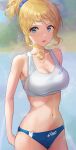  1girl blonde_hair blue_eyes blurry blurry_background dripping hairclip lake logo looking_at_viewer navel ponytail running short_hair solo sports_bra sportswear steam sweat sweating 