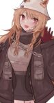  1girl :d arknights black_scarf blush braid brown_hair brown_jacket brown_skirt ceobe_(arknights) ceobe_(unfettered)_(arknights) chain cowboy_shot eyebrows_visible_through_hair fang gloves grey_shirt hand_up highres jacket long_hair looking_at_viewer mayuchi427 official_alternate_costume open_clothes open_jacket open_mouth red_eyes red_gloves scarf shirt side_braids simple_background skin_fang skirt smile solo waving white_background 