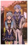  1boy 1girl armor bad_arm bangs black_gloves blue_eyes blue_hair blunt_bangs blurry blurry_background border brother_and_sister cherry closed_mouth floral_print food fruit genshin_impact gloves gyoju_(only_arme_nim) hair_between_eyes hair_ribbon hand_on_another&#039;s_shoulder highres japanese_armor japanese_clothes kamisato_ayaka kamisato_ayato long_hair mole mole_under_eye mole_under_mouth own_hands_together petals pink_ribbon ponytail ribbon siblings silver_hair tassel tress_ribbon white_border 