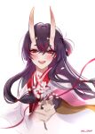  1girl :d absurdres artist_name bangs character_request cherry_blossoms genshin_impact highres holding horns japanese_clothes kimono long_hair looking_at_viewer oni oni_horns open_mouth pnk_crow purple_hair simple_background smile solo violet_eyes white_background white_kimono 