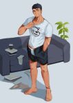  1boy ankleband bangs bare_legs barefoot black_hair black_shorts blue_eyes book bulge collar_tug couch earrings english_commentary grey_male_underwear hand_in_pocket hand_up highres jewelry looking_at_viewer male_focus male_underwear open_clothes open_fly open_shorts original plant potted_plant print_shirt raised_eyebrow shian948076 shirt short_hair short_shorts short_sleeves shorts smirk socks socks_removed solo standing stud_earrings unbuttoned underwear white_legwear white_shirt 