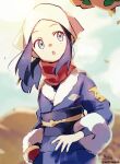  1girl akari_(pokemon) blue_eyes blue_hair blue_kimono blue_sky blurry blurry_background day depth_of_field head_scarf highres holding holding_poke_ball japanese_clothes kimono long_hair obi outdoors parted_lips poke_ball poke_ball_(legends) pokemon pokemon_(creature) pokemon_(game) pokemon_legends:_arceus red_scarf rowlet sash scarf signature sky sofra solo_focus twitter_username 