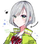  alternate_hairstyle arrow_(symbol) blush bob_cut character_name commentary_request green_eyes grey_hair highres hinomori_shiho jacket project_sekai ribbon short_hair signature star_(symbol) toco5th track_jacket white_background 