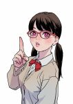  1girl bangs bow bowtie brown_hair buttons cardigan collared_shirt glasses lips low_twintails original parted_lips peco_(pockleberry) pink_eyes pointing pointing_up school_uniform shirt solo swept_bangs twintails upper_body 