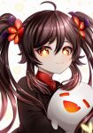  1girl absurdres ahoge brown_hair chinese_clothes closed_eyes fang genshin_impact ghost highres hu_tao_(genshin_impact) hug open_mouth red_eyes rvve smile symbol-shaped_pupils twintails 