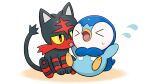  &gt;_&lt; animal_focus closed_eyes commentary_request flying_sweatdrops litten no_humans official_art open_mouth piplup pokemon pokemon_(creature) project_pochama red_eyes sitting sweatdrop toes tongue white_background 