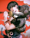  1boy absurdres bangs black_hair black_shirt blue_eyes chinese_commentary clenched_teeth commentary_request copyright_request eyebrows_behind_hair glint hands_up highres holding holding_sword holding_weapon kyuuba_melo looking_at_viewer male_focus muscular muscular_male nose parted_lips red_background shirt short_hair signature solo standing sword teeth upper_body weapon 