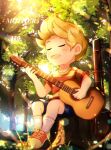  1boy :d blonde_hair blush closed_eyes commentary_request copyright_name day fang forest full_body guitar highres instrument kurorinamori lucas_(mother_3) male_focus mother_(game) mother_3 music nature open_mouth outdoors playing_instrument short_hair sitting skin_fang sky smile socks solo tree 