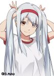  1girl 4690_(tkpbsk) alternate_costume gym_shirt headband holding holding_hair kantai_collection long_hair looking_at_viewer red_headband shirt shoukaku_(kancolle) simple_background smile solo t-shirt twintails twitter_username upper_body white_background white_hair white_shirt 