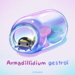  animal animal_focus antennae arrow_(symbol) artist_name black_eyes bug commentary english_commentary in_jar isopod jar latin_text no_humans original pikaole pill pillbug purple_background simple_background solid_circle_eyes standing watermark 