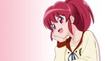  1girl aino_megumi collarbone fuchi_(nightmare) gradient gradient_background happinesscharge_precure! high_ponytail long_hair long_sleeves looking_at_viewer open_mouth pikarigaoka_middle_school_uniform pink_background pink_eyes pink_hair precure school_uniform smile solo upper_body wide_ponytail 