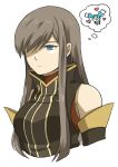  1girl absurdres bare_shoulders blue_eyes breasts brown_hair closed_mouth detached_sleeves expressionless hair_over_one_eye highres long_hair mieu simple_background solo tales_of_(series) tales_of_the_abyss tear_grants touyama_sairi white_background 