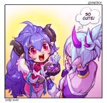  2girls ahoge artist_name bangs blush border colored_skin earrings from_above fur_trim gloves gradient gradient_background height_difference horns jewelry league_of_legends long_hair multiple_girls open_mouth pink_gloves pink_skin red_eyes shiny shiny_hair spirit_blossom_(league_of_legends) spirit_blossom_kindred spirit_blossom_riven teeth tongue vmat white_border 