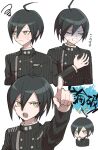  1boy :o ahoge bangs black_hair breast_pocket buttons danganronpa_(series) danganronpa_v3:_killing_harmony frown hair_between_eyes hand_on_own_chest highres jacket long_sleeves looking_at_viewer male_focus omochi_ksw open_mouth pocket pointing pointing_at_viewer saihara_shuuichi shaded_face shirt short_hair squiggle striped striped_jacket sweat teeth translation_request upper_body upper_teeth 
