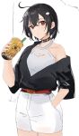  1girl ahoge black_hair bubble_tea collarbone cup dress drinking_straw eyebrows_visible_through_hair halter_dress halterneck highres holding holding_cup looking_at_viewer original red_eyes short_hair short_sleeves sketch solo tapioka_(oekakitapioka) white_dress 