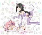  2girls akemi_homura all_fours animal_ears animal_hands bell black_hair cat_ears cat_girl cat_paws cat_tail cathead closed_eyes hairband kaname_madoka kinfuji long_hair lying mahou_shoujo_madoka_magica multiple_girls neck_bell on_side pink_hair short_hair short_twintails simple_background skirt sleeping tail tank_top twintails violet_eyes 