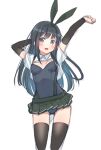  1girl animal_ears arm_warmers asashio_(kancolle) ass_visible_through_thighs black_hair black_legwear black_leotard blue_eyes blush breasts collared_shirt covered_navel cowboy_shot detached_collar eyebrows_visible_through_hair fake_animal_ears fake_tail hair_between_eyes highres kantai_collection leotard leotard_under_clothes long_hair looking_at_viewer open_clothes open_mouth open_shirt playboy_bunny rabbit_ears rabbit_tail retsumaru shirt short_sleeves simple_background sketch skirt small_breasts strapless strapless_leotard suspenders tail thigh-highs white_background 
