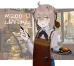  1girl alternate_costume bangs blush character_name coffee_cup commentary_request cup disposable_cup food girls_frontline grey_hair hair_between_eyes highres holding holding_pen holding_tray indoors long_sleeves looking_at_viewer m200_(girls&#039;_frontline) meta0614 open_mouth pen ponytail shirt solo standing tray violet_eyes waitress white_shirt 