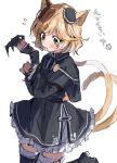  1girl animal_ears arknights black_dress black_headwear black_legwear blonde_hair blush brown_hair cat_ears cat_girl cat_tail claw_(weapon) cowboy_shot dress eyebrows_visible_through_hair flying_sweatdrops gothic_lolita green_eyes hat highres leg_up lolita_fashion mini_hat mousse_(arknights) multicolored_hair multiple_tails na_tarapisu153 short_hair solo tail thigh-highs tongue tongue_out two_tails weapon white_background white_hair 