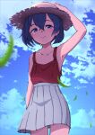  1girl adapted_costume bare_arms bare_shoulders black_hair blue_eyes blush clouds commentary_request cowboy_shot eyebrows_visible_through_hair grass grey_skirt hand_on_headwear helmet highres kaban_(kemono_friends) kemono_friends looking_at_viewer pith_helmet pleated_skirt red_shirt shirt short_hair skirt sky sleeveless solo tank_top yakorou-san 