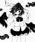  1341398tkrtr 1girl bow bowtie buttons closed_mouth collared_shirt commentary cowboy_shot feathered_wings frilled_skirt frills greyscale hand_up hat high_contrast highres long_sleeves looking_at_viewer monochrome pom_pom_(clothes) shameimaru_aya shirt short_hair skirt smile solo standing tokin_hat touhou wings 