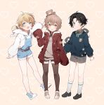  3boys absurdres androgynous black_hair blonde_hair blue_eyes blush brown_eyes brown_hair highres long_sleeves looking_at_viewer multiple_boys original p_(pixiv65832344) pale_skin short_shorts shorts smile socks stuffed_animal stuffed_toy teddy_bear thigh-highs 