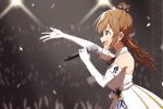  1girl audience bare_shoulders blurry blurry_background brown_eyes brown_hair cevio commentary concert confetti dress elbow_gloves english_commentary from_side gloves glowstick highres holding holding_microphone light_blush medium_hair microphone minatsuki_(m1natsuk1) open_mouth outstretched_arm satou_sasara side_ponytail sleeveless sleeveless_dress smile solo spotlight upper_body white_dress white_gloves 