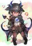  absurdres alternate_form animal_hands ascot bangs black_hair black_sclera blouse blue_horns chibi closed_mouth colored_inner_hair colored_sclera debidebi_debiru demon_girl demon_horns demon_tail demon_wings full_body grey_hair head_tilt highres horns jewelry kemono_friends legs_apart light_smile long_sleeves looking_at_viewer maki_gamin medium_hair miniskirt multicolored_hair nijisanji no_pupils orange_eyes pantyhose paw_pose pendant skirt standing tail tan virtual_youtuber wings 