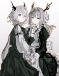  2girls alina_(arknights) apron arknights arm_strap black_dress blue_eyes bow deer_antlers dragon_horns dress eyebrows_visible_through_hair hair_between_eyes hair_bow hair_intakes highres holding_hands horns long_hair looking_at_viewer maid multiple_girls short_hair simple_background sketch supercalifraglistcexpialidocio talulah_(arknights) white_apron white_background white_bow 