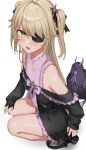  1girl absurdres bangs bare_shoulders black_dress black_footwear black_ribbon blonde_hair blush buttons dress eyebrows_visible_through_hair eyepatch fischl_(genshin_impact) frilled_dress frills from_above genshin_impact green_eyes hair_ribbon highres off_shoulder open_mouth oz_(genshin_impact) purple_nails ribbon simple_background solo squatting thighs two_side_up white_background xkirara39x 