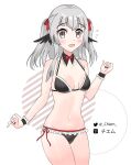  1girl absurdres bangs bikini black_swimsuit black_wings chiem chiem_(vtuber) collarbone cowboy_shot eyebrows_visible_through_hair fingernails frilled_swimsuit frills highres indie_virtual_youtuber nail_polish navel open_mouth swimsuit twitter_username virtual_youtuber white_background wings 