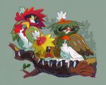  alternate_color animal_focus beak bird branch brown_eyes closed_mouth commentary_request green_background hemhemhoo highres hisuian_decidueye leaf looking_back owl pokemon pokemon_(creature) red_pupils shiny_pokemon standing 