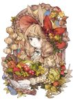  1girl animal_ears baiguiyu bangs basket bell_pepper blonde_hair bow braid brown_eyes carrot carrying closed_mouth commentary_request fish flower food frilled_shirt_collar frills fruit garlic grapes hair_over_shoulder hairband hat highres holding holding_food holding_fruit large_bow large_hat leaf lettuce light_smile long_hair long_sleeves looking_at_viewer mushroom nail_polish original pepper puffy_sleeves quilt rabbit_ears red_bow red_hairband shirt simple_background solo standing strawberry tan_shirt twin_braids upper_body white_background 