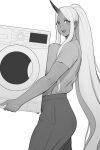  1girl absurdly_long_hair bangs blush breast_press breasts bushu_(lvl) carrying clothes_dryer cowboy_shot english_commentary eyebrows_visible_through_hair eyes_visible_through_hair from_side greyscale highres horns huge_breasts jpeg_artifacts long_hair looking_at_viewer lvl_(sentrythe2310) monochrome original outline pants parted_bangs pointy_ears short_eyebrows short_sleeves sidelocks simple_background single_horn smile solo strong talking teeth very_long_hair walking white_background 
