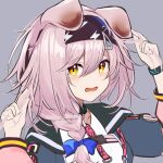  1girl animal_ears arknights bangs black_hairband black_jacket blue_bow blush bow braid cat_ears commentary_request eyebrows_visible_through_hair goldenglow_(arknights) hair_between_eyes hair_bow hairband hands_in_hair highres infection_monitor_(arknights) jacket lightning_bolt_print long_hair long_sleeves looking_at_viewer open_clothes open_jacket open_mouth pink_hair shiki44boku shirt side_braid solo tearing_up tears upper_body white_shirt yellow_eyes 