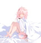  1girl absurdres animal_ears arknights bare_legs barefoot cat_ears cat_girl cat_tail closed_mouth coffee coffee_mug commentary_request cup full_body goldenglow_(arknights) heart highres holding holding_cup libiadan long_hair long_sleeves looking_at_viewer messy_hair mug pink_hair shirt simple_background sitting sleeves_past_fingers sleeves_past_wrists smile solo tail white_background white_shirt yellow_eyes 