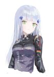  1girl absurdres bangs breasts closed_mouth cropped_torso eyebrows_visible_through_hair german_flag girls_frontline green_eyes hair_ornament hairclip highres hk416_(girls&#039;_frontline) light_blue_hair long_hair looking_at_viewer medium_breasts solo tactical_clothes teardrop_facial_mark teardrop_tattoo uniform upper_body wh1te white_background 