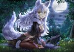  1girl animal_ears belt black_jacket black_shorts breasts brown_footwear brown_legwear clouds commission from_side full_body full_moon fur_trim grass green_eyes highres jacket kein_hasegawa long_hair looking_at_viewer moon night night_sky original outdoors rock shorts sitting sky solo tail thigh-highs tree wariza wolf_ears wolf_girl wolf_tail 