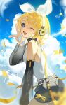  bare_shoulders belt blonde_hair blue_eyes bow clouds cloudy_sky cowboy_shot day detached_sleeves elbow_gloves falling_leaves fang fingerless_gloves from_side gloves grey_shorts hair_bow hand_up headphones highres kagamine_rin kagamine_rin_(append) leaf leaning_forward open_mouth outdoors pendant_choker see-through_sleeves shi_song_guo shirt short_hair shorts skin_fang sky sleeveless sleeveless_shirt smile treble_clef twisted_torso v vocaloid vocaloid_append white_bow white_gloves white_shirt yellow_leaves 