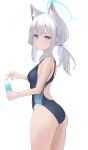  1girl absurdres alternate_hairstyle animal_ear_fluff animal_ears blue_archive bottle from_side halo highres looking_at_viewer low_ponytail mismatched_pupils shiroko_(blue_archive) short_hair silver_hair solo swimsuit water_bottle xochi_(nueeen6978) 